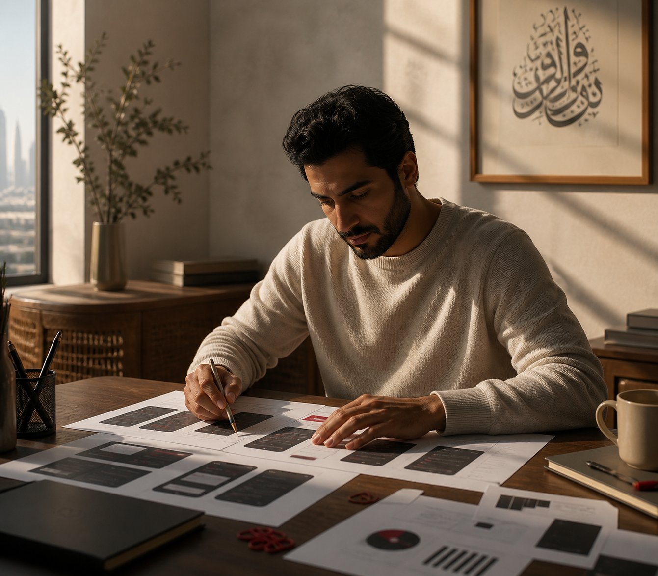 Designer reviewing bilingual UI screens in the Tybo studio